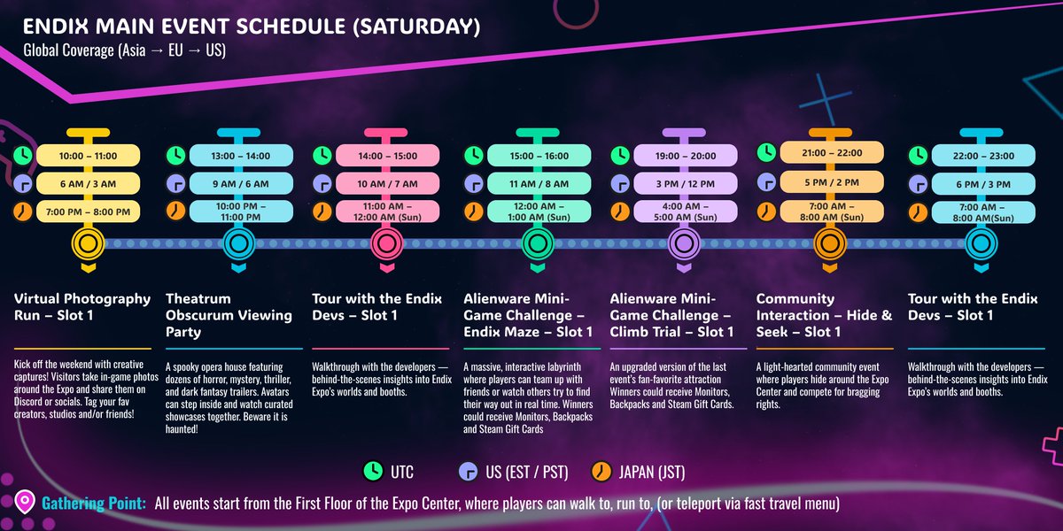 Endix_Expo's tweet photo. 📅 ENDIX SCHEDULE — SATURDAY

Here's what's happening on the floor today. Global coverage from Asia to EU to US, with something for every timezone.

- Virtual Photography Run
- Theatrum Obscurum Viewing Party
- Tour with the ENDIX Devs
- Alienware Mini-Game Challenge: Endix Maze & Climb Trial
- Community Hide & Seek

All events kick off from the First Floor of the Expo Center.