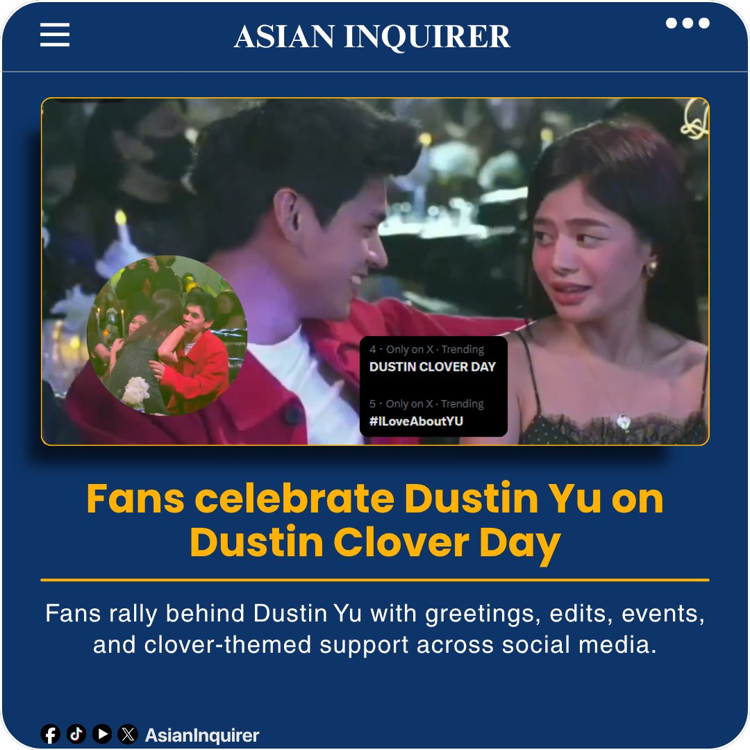 asianinquirer's tweet photo. Dustin Yu is receiving strong fan support in the Philippines as “DUSTIN CLOVER DAY” trends across X for a special fan-organized celebration.

#DustinYu
#DustinCloverDay
#ILoveAboutYU https://t.co/MnkkdMMWRn