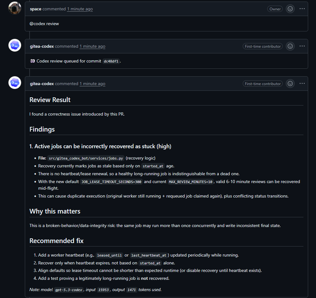 Space_Banane's tweet photo. @thsottiaux Built a codex bot for gitea because i love selfhosting https://t.co/PJRxHg3Jnp
