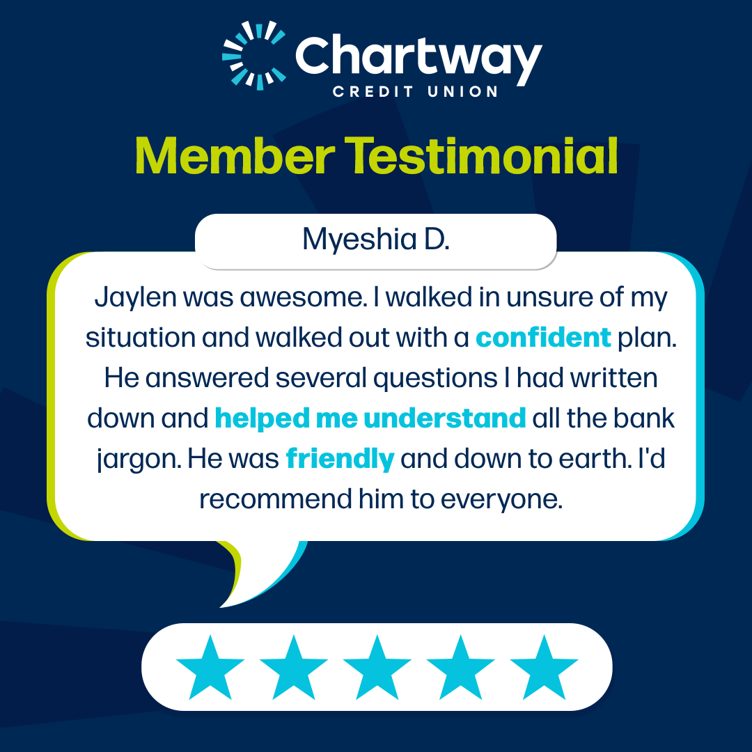 ChartwayFCU's tweet photo. 🏦 ⭐ 5-star Google review for our Newtown branch in Norfolk, Virginia!

Walking into a financial conversation can feel overwhelming — but having the right person by your side can make all the difference. At our Newtown Branch in Norfolk, Chartway team member Jaylen helped Myeshia D. turn uncertainty into confidence.

“Jaylen was awesome. I walked in unsure of my situation and walked out with a confident plan. He answered several questions I had written down and helped me understand all the bank jargon. He was friendly and down to earth. I'd recommend him to everyone.”

Thank you, Myeshia, for sharing your experience and trusting us to help you move forward with confidence.

#5StarGoogleReview #QualityandTrust #MemberExperience