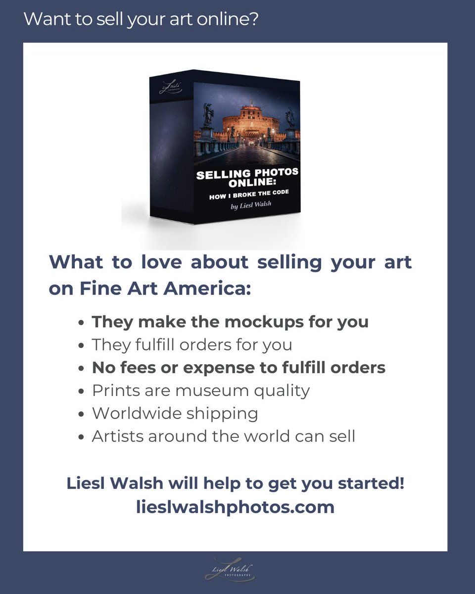LieslWalsh's tweet photo. Boost your #printsales on #fineartamerica in my class and learn the easiest way to #sellprintsonline:
https://t.co/GRzvg1PEtm
#sellphotosonline #photography #onlinemarketing #fineartamericaartist #sellingprintsonline #photographybusiness #socialmediatips https://t.co/MIUKUoiydf