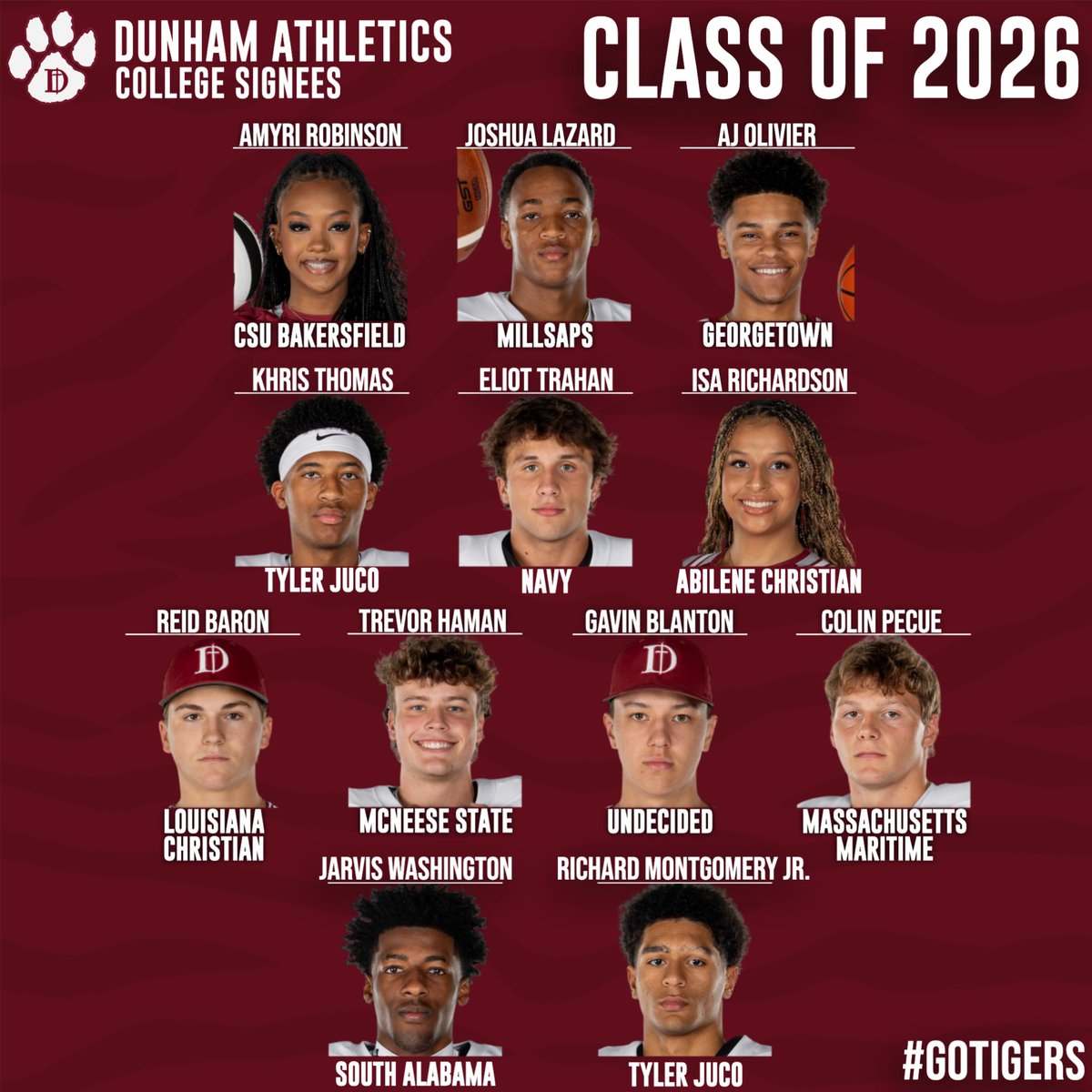 DunhamAthletics's tweet photo. 🎓 CLASS OF 2026 🎓 

CONGRATULATIONS to the Class of 2026 on graduating and ending out their excellent high school careers! This group faced challenges, showed resilience, and grew into leaders. We are so proud of what they’ve done and who they’ve become!  

A special shoutout to TWELVE incredible student-athletes who will be continuing their athletic and academic journeys at the collegiate level! Your dedication, hard work, and love for your sport have paid off, and we can’t wait to see what you accomplish next. Congratulations to:  

Amyri Robinson - Volleyball - CSU Bakersfield  

Joshua Lazard - Football - Millsaps

AJ Olivier - Basketball - Georgetown  

Khris Thomas - Football - Tyler JUCO 

Eliot Trahan - Football - Navy

Isa Richardson - Volleyball - Abilene Christian

Reid Baron - Baseball - Louisiana Christian

Trevor Haman - Football - McNeese State

Gavin Blanton - Baseball - Undecided

Colin Pecue - Football - Massachusetts Maritime Academy

Jarvis Washington - Football - South Alabama

Richard Montgomery Jr. - Football - Tyler JUCO  

Cheers to the Class of 2026! We wish ALL our graduates the best in what comes next.  

#GoTigers #DutyFaithHonor #ChooseDunham