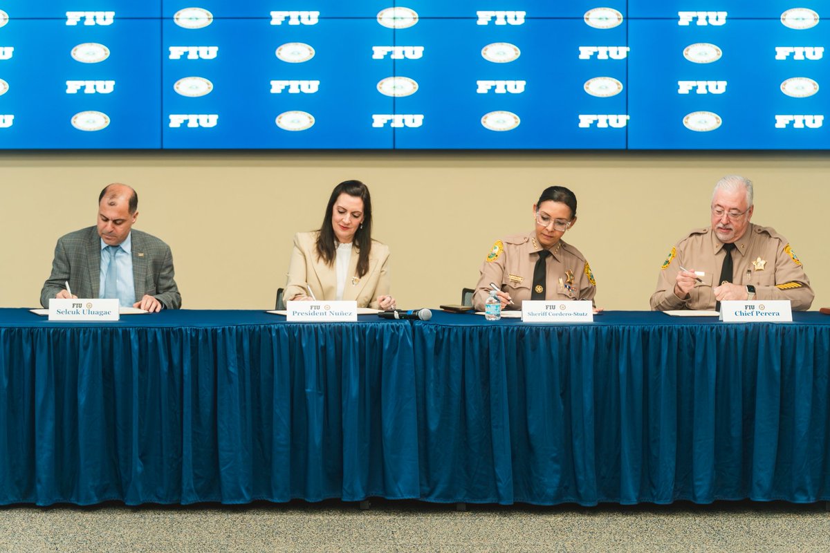 FIUPresident's tweet photo. Today, FIU formalized a partnership with the Miami-Dade Sheriff's Office Cyber Crimes Bureau focused on cybersecurity and AI research, education, and workforce development.

As cyber threats increase, collaborations like this one are essential to protecting our communities and preparing the next generation of leaders in cybersecurity and AI.

Thank you, Sheriff Rosie Cordero-Stutz.