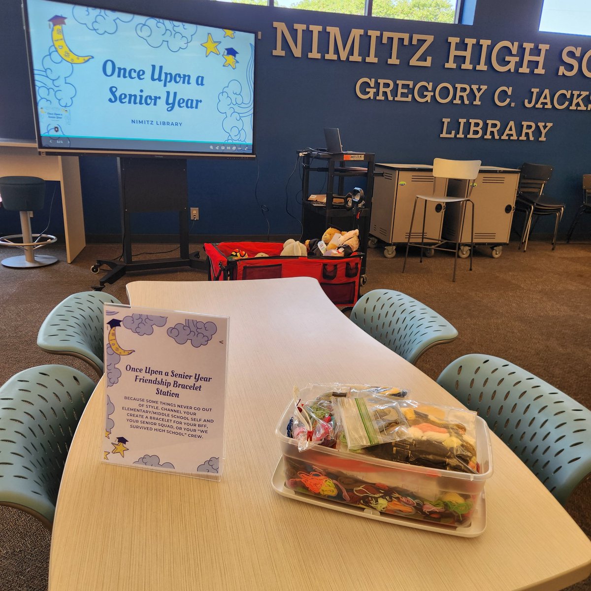 NimitzLibrary's tweet photo. @nimitzvikings Seniors—one last storytime in the Nimitz Library from 6pm-6:50pm Bring your favorite stuffed animal and relive elementary days with read alouds, coloring, friendship bracelets, and nostalgic fun. Then let your stuffie stay for a Nimitz sleepover adventure! https://t.co/NVZ6KtrTsG