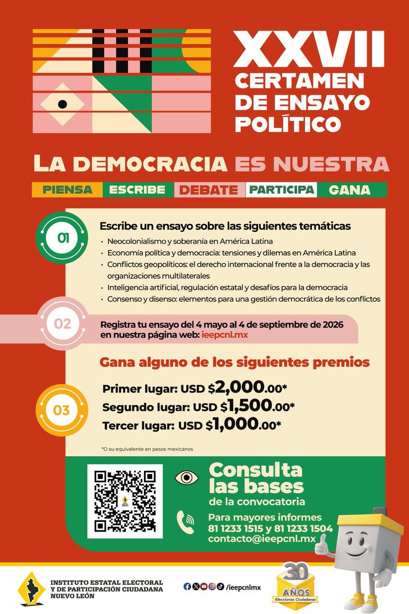 IEEZcs's tweet photo. 📝🌎 Participa en el XXVII Certamen de Ensayo Político “La Democracia es Nuestra” y comparte tu visión sobre los desafíos de la democracia en América Latina 🗳️

🏆 Premios de hasta USD $2,000
📅 Registro abierto hasta el 4 de septiembre de 2026.

☎️ Mayores informes: 800 233 6569 https://t.co/NK0aDy3OZT