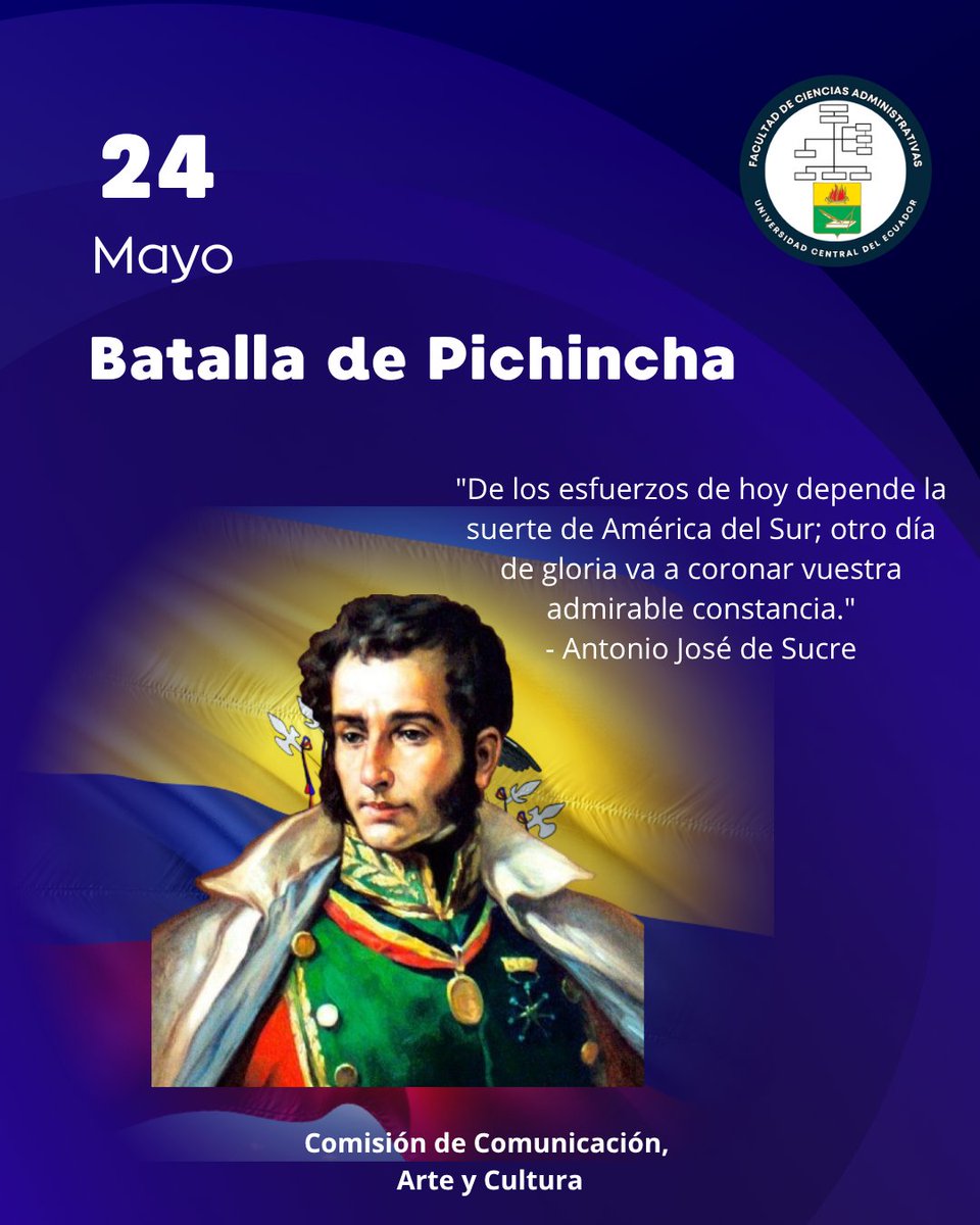 fcauceec's tweet photo. Hoy recordamos la Batalla de Pichincha, librada el 24 de mayo de 1822 y liderada por Antonio José de Sucre.
Esta victoria permitió la liberación de Quito y marcó un paso decisivo hacia la independencia del Ecuador.
Honor y memoria para quienes lucharon por nuestra libertad. https://t.co/qjyHahZwJP