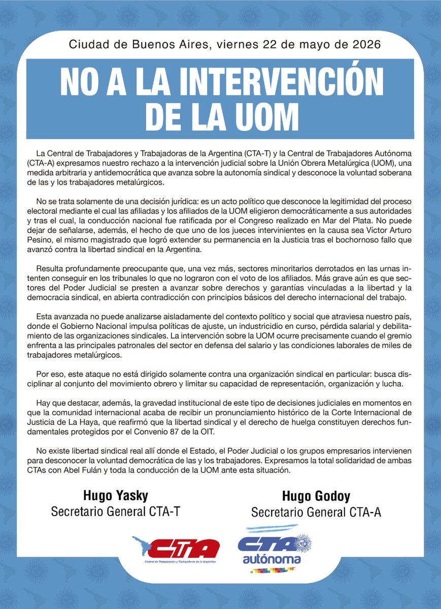CTAAutonoma's tweet photo. No a la intervención de la UOM: solidaridad de las CTA con Abel Furlan y toda la conducción de la UOM ante esta situación. https://t.co/nmONhWpMHb