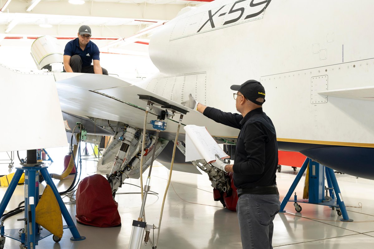 NASA’s X-59 quiet supersonic research aircraft undergoes maintenance inside Hangar 4826 at NASA’s Armstrong Flight Research Center in Edwards, California, on Feb. 24, 2026. Credit: NASA/Carla Thomas