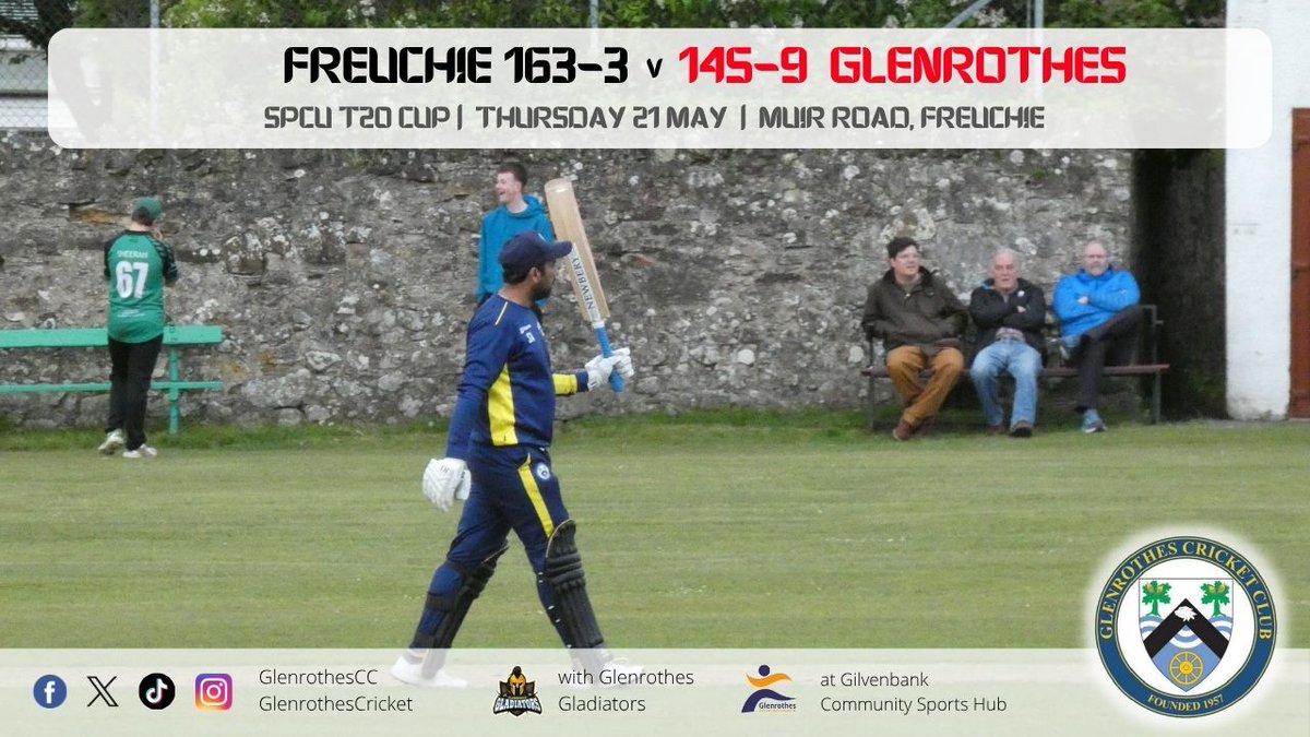 GlenrothesCC's tweet photo. 🏏 Freuchie 163-3 v 145-9 Glens
🏆 SPCU T20 Cup
📅 Thu 21 May

Glens battled through alf‑centuries from Ahmed &amp; Osama kept the chase alive, but Freuchie’s intensity in the field, sharp running and disciplined bowling proved the difference.

Full report 👉 https://t.co/gBxwVpsmtw https://t.co/fn5qMzMEuj