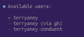 terryaney's tweet photo. @_Evan_Boyle @burkeholland @Ryan_Hecht Yes, probably - they've disabled everything, grr.  /user list shows following.  I signed into -conduent account only in VS Code.  Didn't know it would carry over here and I'm not sure of the diff between terryaney and (via gh) accounts. https://t.co/faLUegbylg