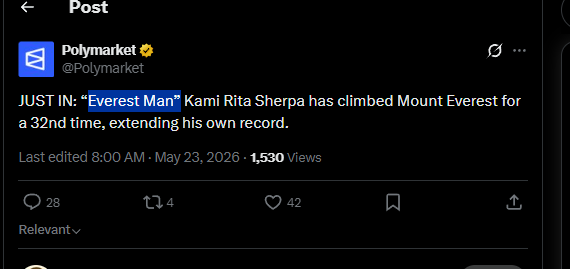 CutieCatDev's tweet photo. Hello this is insane?

Climbing Mount Everest is one of the most dangerous things in the world, and a lot of climbers have a high fatality rate due to how EXTREME the conditions are

This guy climbed it 32 TIMES!

He is either a SUPERHUMAN or has a purpose we don't know

This is the next Nietscean man, on the tweet they call him the 'Everest Man'

https://t.co/SovKVk89IB