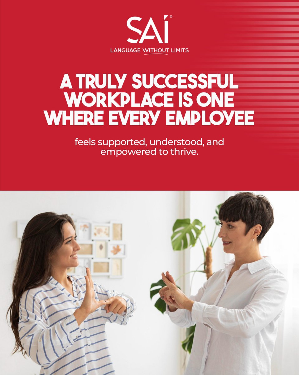 language_sai's tweet photo. At SAI Language Solutions, our Job Coaching and Deaf Support Specialist services help businesses bridge communication gaps, create inclusive environments, and build stronger teams from within.
.
.
#WorkplaceInclusion #DeafSupport #JobCoaching #InclusiveWorkplace https://t.co/wlw45bhMvn