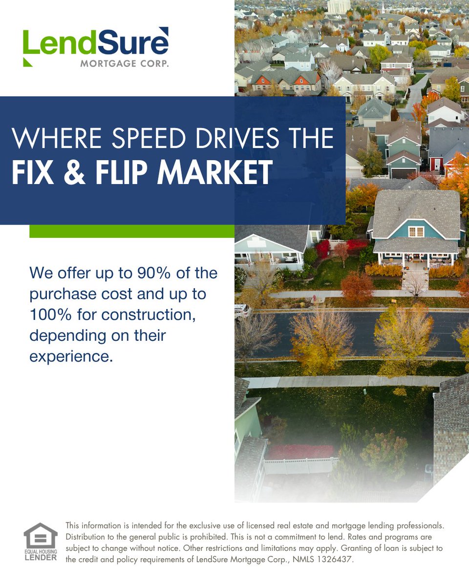 lendsure's tweet photo. Fix and flip deals move fast. Give your clients financing options that keep up with the pace, from purchase to renovation, so they never miss an opportunity.

Learn more 👉 https://t.co/SWJPBczkfY

#FixAndFlip #MortgageBroker #InvestorLoans https://t.co/vVS1gJxDHI