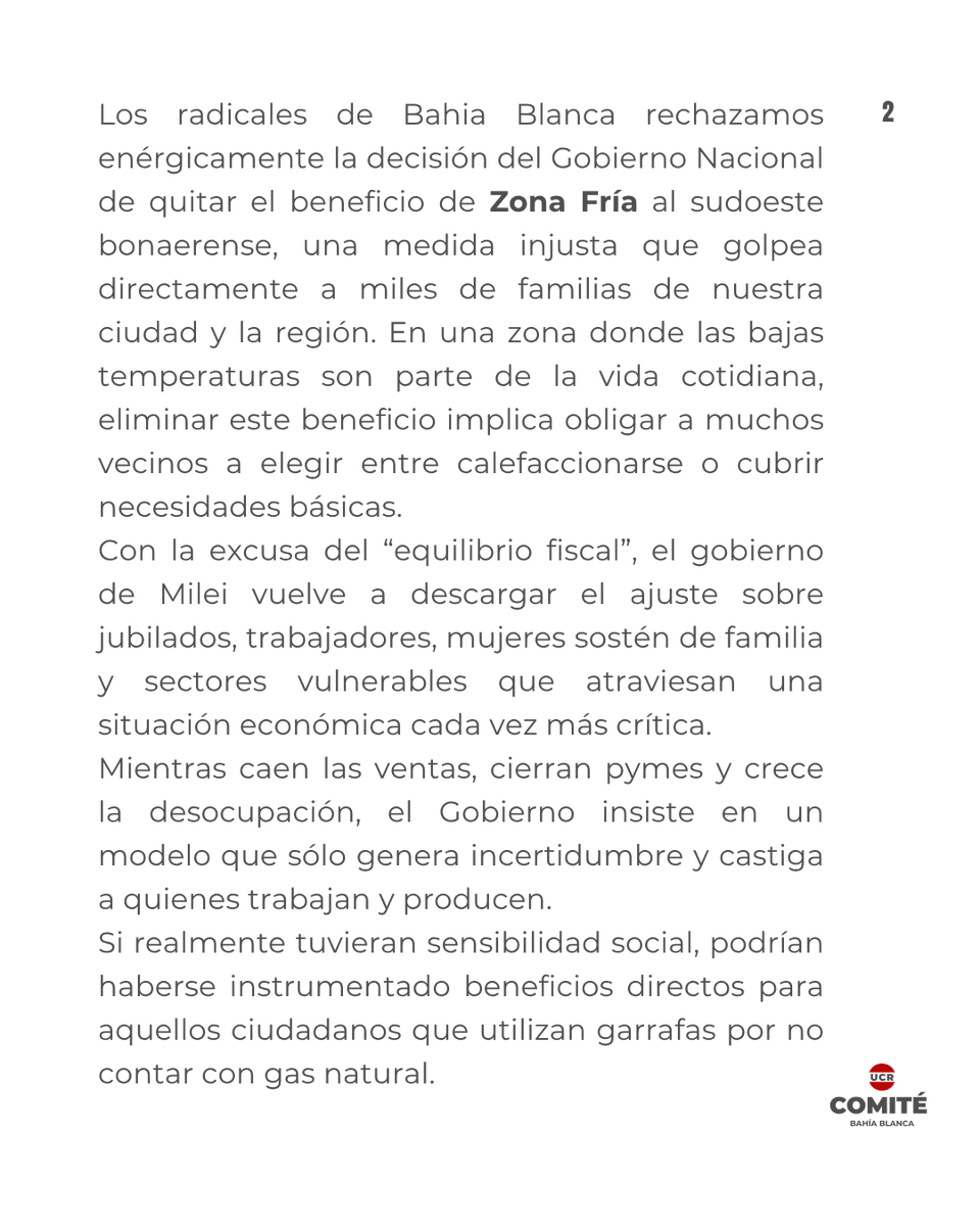 UCRBahiaBlanca's tweet photo. Los radicales de Bahía Blanca rechazamos la quita del beneficio de Zona Fría. En una región donde el frío es parte de la vida cotidiana, esta medida golpea a miles de familias. El ajuste no puede volver a recaer sobre jubilados, trabajadores y sectores vulnerables. https://t.co/NidDsCrL3b