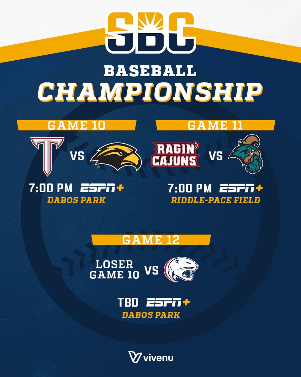 SunBelt's tweet photo. 𝗦𝗖𝗛𝗘𝗗𝗨𝗟𝗘 𝗨𝗣𝗗𝗔𝗧𝗘.

Two games will start at 7:00 p.m. CT from Dabos Park &amp; Riddle-Pace Field at the #SunBeltBSB Championship presented by @TROYUnews, with Game 12 start time TBD. ☀️⚾️ https://t.co/DU6mSZbc3v