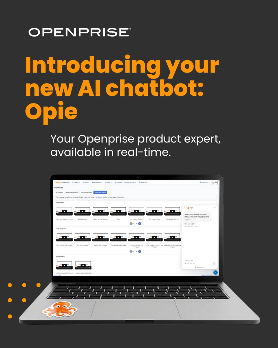 OpenpriseTech's tweet photo. Opie learned some new tricks. 🐙 We just launched an AI chatbot on the Openprise website — trained on product docs, customer stories, and technical architecture.  #DataOrchestration #RevOps #MarketingOps https://t.co/LfBPbPiaf2