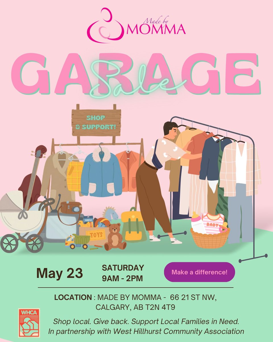 MadebyMomma's tweet photo. Join us for a community garage sale! 

Toys, baby items, party supplies, greeting cards, home goods &amp; more! Every purchase helps us provide practical support to moms, babies, &amp; families when they need it most.

66 21 St NW, Calgary
Sat May 23 | 9 AM – 2 PM

#WestHillhurst #YYC https://t.co/hYiWEpfIqS