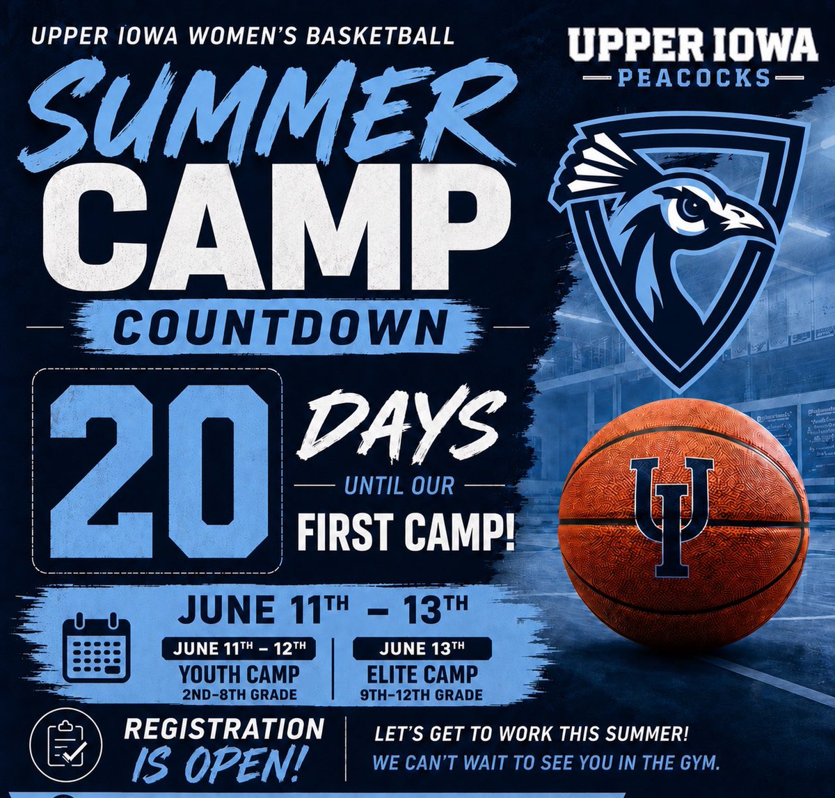 UIU_WBB's tweet photo. 20 DAYS until our FIRST Upper Iowa Women’s Basketball Camp! 🏀🦚
📅 June 11-12: Youth Camp (2nd-8th) 📅 June 13: Elite Camp (9th-12th)
Register now ➡️ https://t.co/r9vS39xOFh

#GoPeacocks #FeathersUp https://t.co/UYaVm4l0Zj