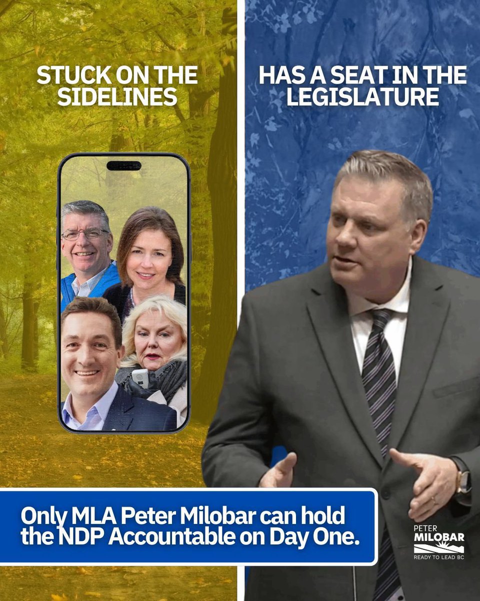 PeterMilobar's tweet photo. While others would be on the sidelines  campaigning from their phones, I will be in the Legislature from day one.

Holding David Eby accountable.

Others may wait a year or more before they even get started.

I am ready to take on the NDP and deliver a Conservative majority.

Pledge your vote: https://t.co/sZeGivjvYU

#bcpoli #readytoleadbc