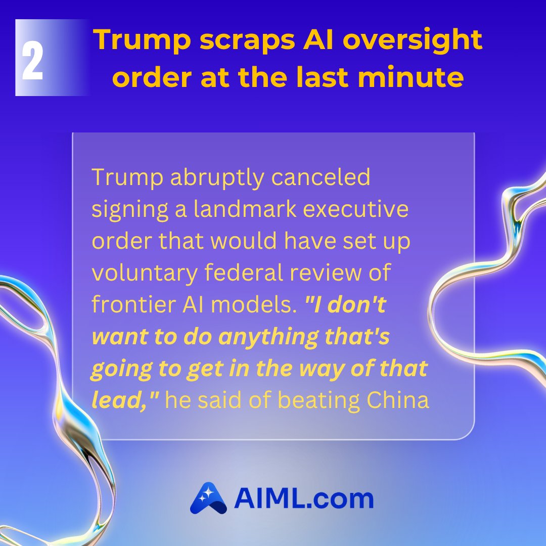 OfficialAIML's tweet photo. 🚀 𝐓𝐨𝐩 3 𝐀𝐈 𝐍𝐞𝐰𝐬 𝐨𝐟 𝐭𝐡𝐞 𝐖𝐞𝐞𝐤 𝐛𝐲 𝐀𝐈𝐌𝐋.𝐜𝐨𝐦
Technological breakthroughs, billion-dollar bets, and big questions about who pays the price - this week in AI had it all.

From Google betting its entire roadmap on agentic AI at I/O 2026 🤖, to Washington scrapping a frontier-AI oversight order at the last minute to keep its edge over China 🏛️, and tech layoffs blew past 100K with nearly every company citing AI reasons, even while posting record revenue ⚖️.

Capability, capital, and consequences are all hitting new highs at once.

𝑾𝒉𝒊𝒄𝒉 𝒔𝒕𝒐𝒓𝒚 𝒄𝒂𝒖𝒈𝒉𝒕 𝒚𝒐𝒖𝒓 𝒂𝒕𝒕𝒆𝒏𝒕𝒊𝒐𝒏 𝒎𝒐𝒔𝒕? 𝑫𝒓𝒐𝒑 𝒊𝒕 𝒃𝒆𝒍𝒐𝒘!

♻️ Share this post for wider reach!

🏃‍➡️ Follow @officialaiml to stay updated on recent AI stories

--
🌐 Preparing for ML interviews? Join https://t.co/X5kU31dHVp, the world's largest repository of ML interview questions

#AI #ArtificialIntelligence #MachineLearning #AINews #AgenticAI #OpenAI #GenerativeAI #TechNews #AIRace #TechLayoffs