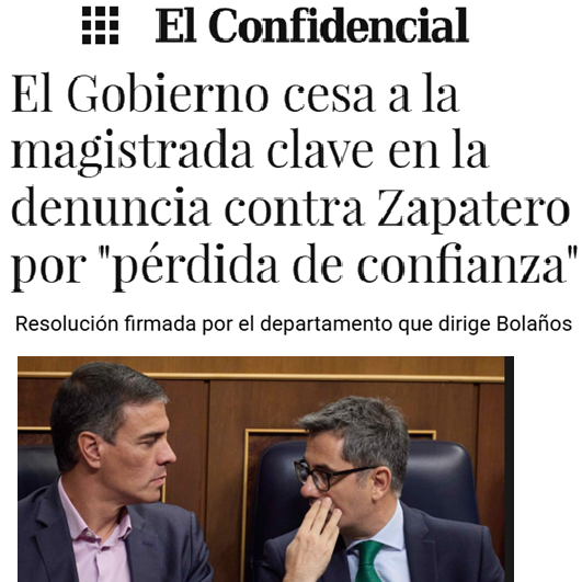 CCivicaCatalana's tweet photo. El Gobierno cesa de forma fulminante a la magistrada Silvia Martínez Cantón, la jueza de enlace con Suiza y Francia y clave en la investigación contra Zapatero.

Bolaños alega "pérdida de confianza".

El gobierno, cesando a jueces que investigan al gobierno. Todo muy Maduro. https://t.co/fRPITHhu3t