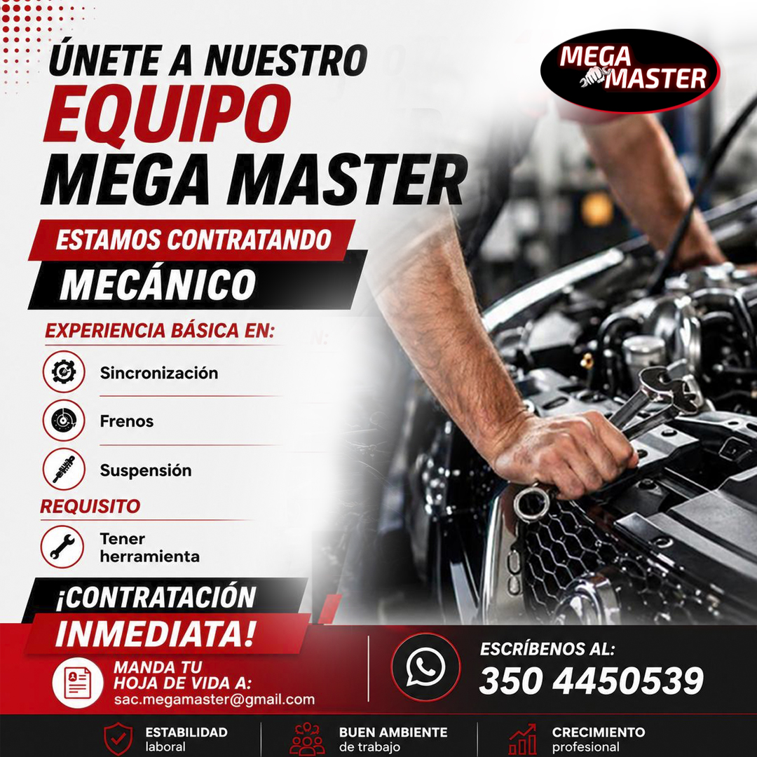 Megamasterbog's tweet photo. En Mega Master Mecánica Automotriz seguimos creciendo y queremos que hagas parte de nuestro equipo. Esta oportunidad es para ti. 
Envía tu hoja de vida a: sac.megamaster@gmail.com y contacto@megamaster.com.co.
WhatsApp: 350 445 0539
#mecanicaautomotriz #ofertasdeempleo https://t.co/cEXCvMzpwW