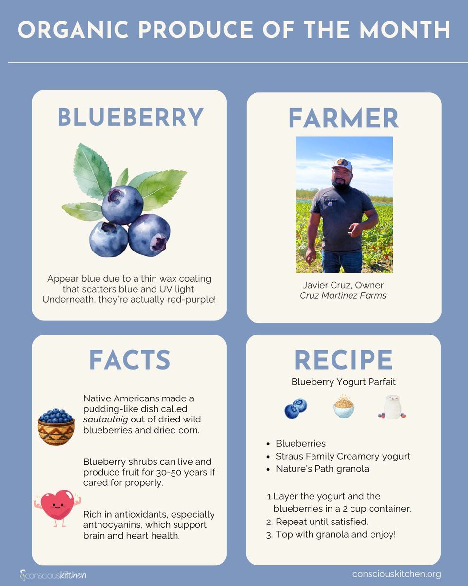 consciouskitchn's tweet photo. May’s Organic Produce of the Month: Blueberries! 🫐 Small but mighty, blueberries are one of spring and summer’s most beloved fruits. Known for their sweet-tart flavor, they’re packed with antioxidants, fiber, and vitamin C that support brain, digestion, and immune health. https://t.co/0wxKNrZLmR