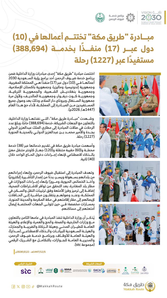 MakkahRoute's tweet photo. #مبادرة_طريق_مكة تختتم أعمالها في (10) دول عبر (17) منفذًا بخدمة (388,694) مستفيدًا عبر (1227) رحلة.

#رؤية_السعودية_2030 https://t.co/S4fZK3EUTY