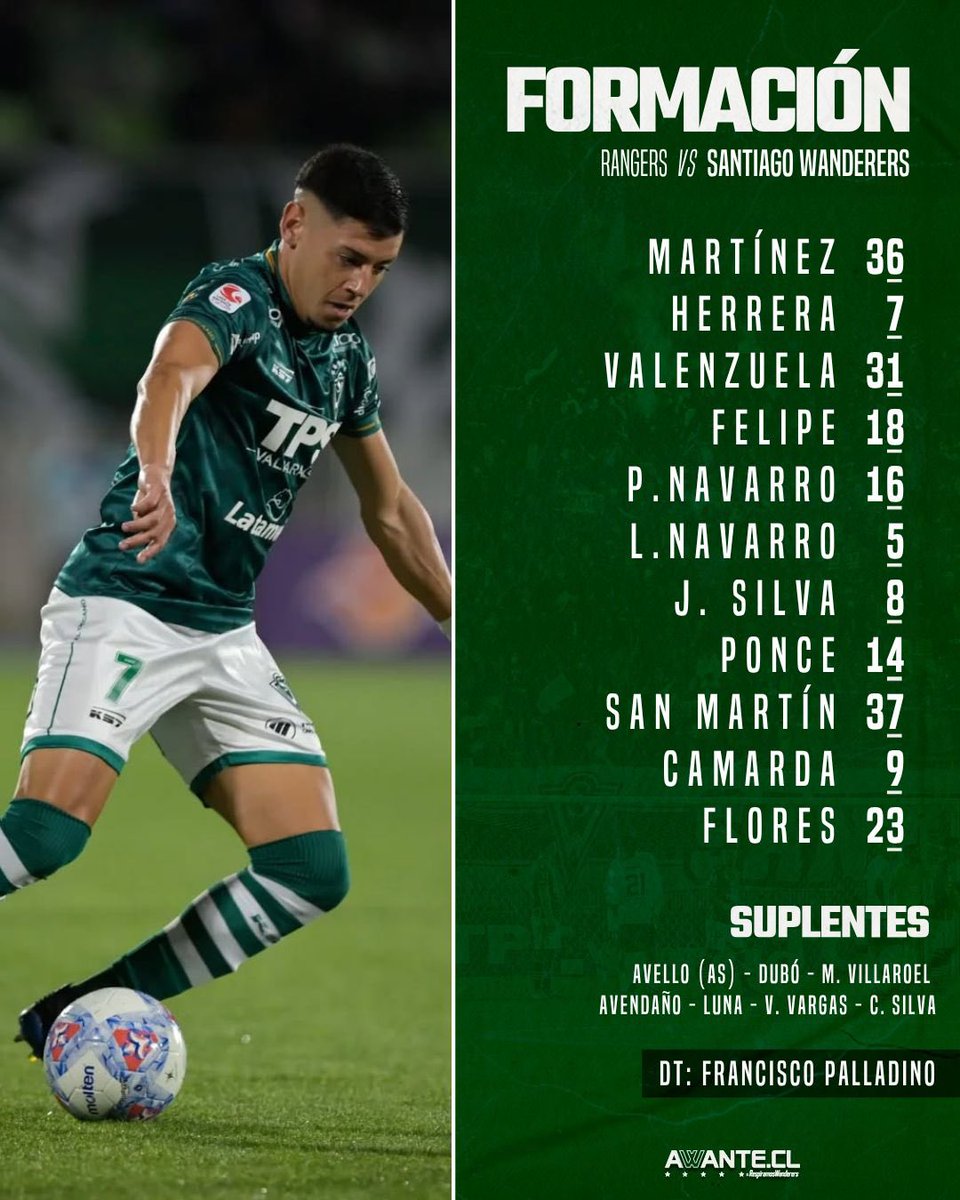 AwanteCL's tweet photo. ¡VAMOS WANDERERS! ✅🇳🇬🙌🏼

Formación del Decano para enfrentar a Rangers como visitante. https://t.co/JDIjiOclMx