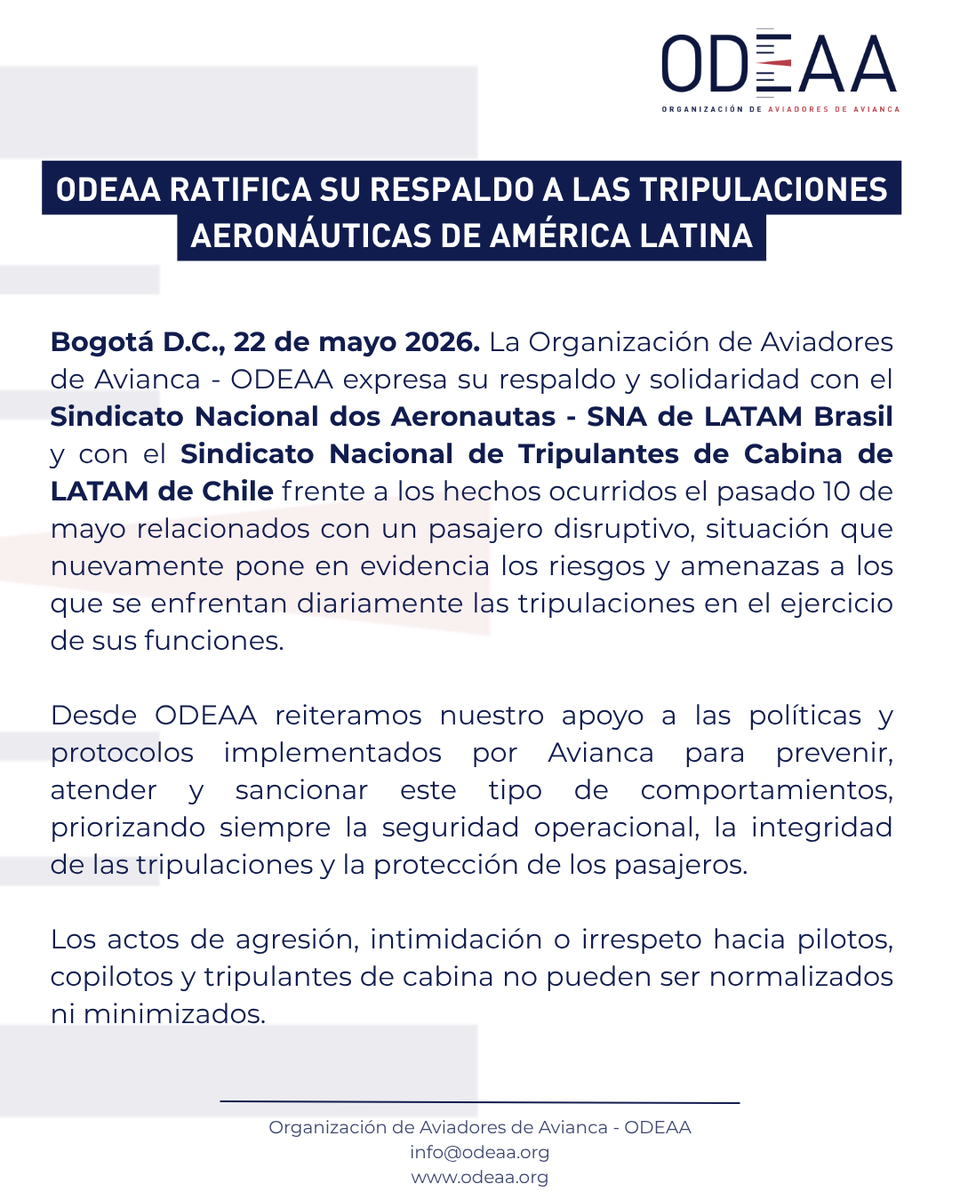 ODEAA1's tweet photo. Comunicado a la opinión pública - ODEAA ratifica su respaldo a las tripulaciones aeronáuticas de América Latina. 

#aviation #aviacion #tripulantesdecabina #pilotos https://t.co/1l6hmIkWuT