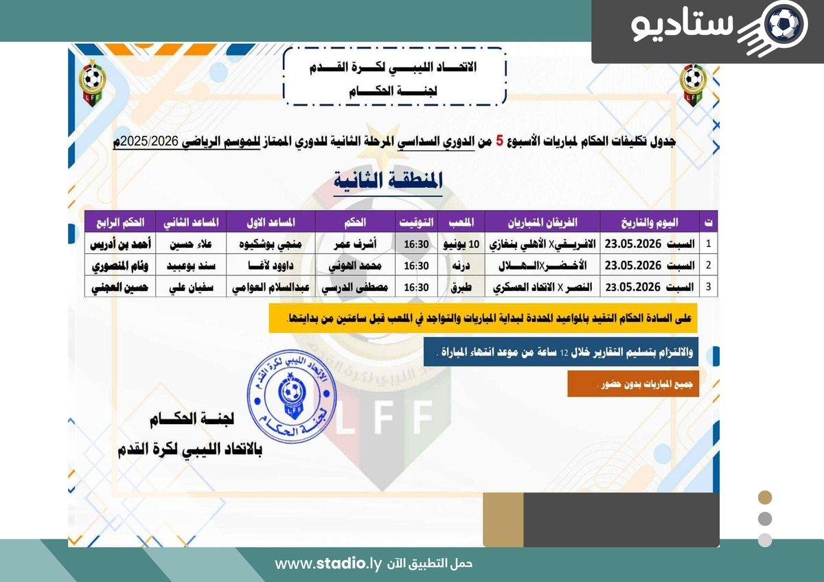 ElBigMue's tweet photo. #Libyan ๐ฑ๐พ
Foreign referees, likely from Morocco ๐ฒ๐ฆ, have been appointed for the decisive match between Al-Ahli Tripoli and AlSwehly at Al-Jameel Stadium.
The winner secures a spot in the Libyan Premier League final! โฝ๏ธ๐ฅ
#AlSwehlySC #AlAhliSC #LibyanPL #LPL #LibyanFootball #AfricanFootball