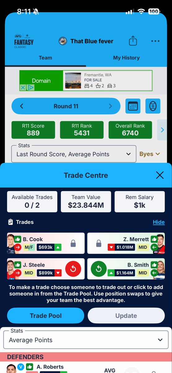 Bundybearx's tweet photo. Maybe we didn’t talk enough about parish playing in a game where a medal can be won 😂 I did trade Merrett in tho 👌 should put the vc on him over Robert’s. Crypto Trade of the week? Just need a smith 150 and a Steele 60 maybe !?! The climb is coming @RoyDT @CalvinDT @WarnieDT https://t.co/9EHEfXfjyJ