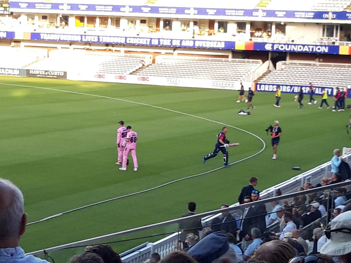 shawma1's tweet photo. Summary, T20, Lord’s: Kent beat Middlesex by 27 runs.
Kent beat Middlesex at Lord’s in the first match of this season’s T20 Blast competition. It was a really good performance from Kent with bat, ball and in the field and early signs are that the side might be strong enough to get through the group and then who knows..
Kent won the toss and batted first. Bell-Drummond, Muyeye and Crawley got Kent off to a flyer. Bell-Drummond made 26 off 12, Muyeye 38 off 25, Crawley 36 off 26. They took Kent to 70-1 after 6 overs at the end of the powerplay. When Muyeye was the second wicket to fall, Kent were 91-2 after 8.2 overs.
That brought Billings to the crease. He took a couple of overs to get going as Kent faltered, scoring just 9 runs in 3 overs.
But Billings then played an incredible innings. He scored 84 not out from 37 balls with 9 4's and 5 6's. Indeed he scored 84 out of 117 after he came to the crease. Others faltered around him, Joe Denly and Benjamin were both out for 0. Evison couldn’t get the ball off the square and having used up 12 balls in making just 5 runs, he was retired out to allow the big hitting Rogers to come in and Rogers finished the innings with a boundary to justify the decision.
Kent were in the driving seat. My winviz for a Kent victory at half way was 85%.
Middlesex got off to a good start though. Rossington, back with Middlesex after 12 years away, with Holden and du Plooy took the home side to 65-1 after 6 overs. At the halfway stage, it was 105-2 after 10 overs. 104 to win in 10 overs, and it was anyone’s game.
Rossington kept going but Kent then kept taking wickets and the Middlesex challenge fell away. By the time Rossington was out for a brilliant 79 from 43 balls, Kent were virtually home and dry. In the end, Kent won by 27 runs, a pretty big margin in T20 terms. Without Rossington’s brilliant knock, Kent would have won by a much bigger margin.
The Kent bowling was mostly good with Rogers, Lintott and Milnes particularly impressing. Rogers took 4 wickets, 4-39, his best figures for Kent. Jake Lintott on his Kent debut was excellent with 2-25. He looks a very good loan signing and one Kent may want to turn into a permanent signing. Milnes bowled well with 2-38.
And the Kent fielding was excellent, sharp, and with superb catching, including 2 great catches from Muyeye and one from Rogers.
An enjoyable night at Lord’s for Kent. Middlesex are probably the weakest side in the group, but this was a good Kent performance. On to Canterbury on Monday afternoon.