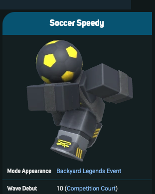 WikiaColours's tweet photo. TDS Logbook collectors, I have some bad news for you.

There is an enemy which only appears ONCE in the entire event and for ONE gamemode and with such low health that you need to pity kill it.

Soccer Speedy... https://t.co/fmKDUCoTwQ
