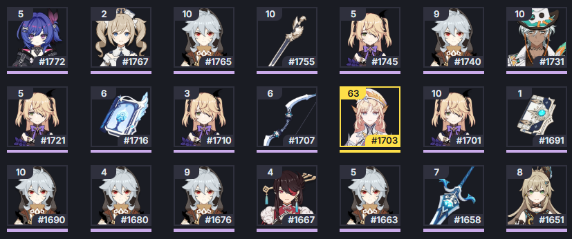 pyfilerux's tweet photo. 63 Pulls for Nicole, 121 for Prune... 4* epitomized path when? Nicole on the new set (still need a circlet) Prune on VV #LootBar #Nicole #GenshinImpact https://t.co/bB44x9Qun4