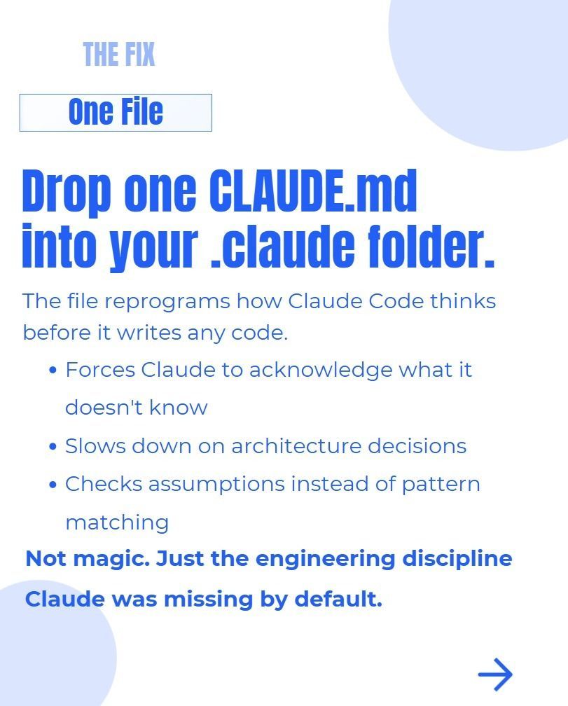 slashdevhq's tweet photo. AI coding assistants are incredibly fast. Unfortunately, they are also confidently wrong. 🛑

If you are using Claude Code (or any AI agent) right now, you already know the frustration. It writes code that fails on the first run, hallucinates APIs that don't exist, and pattern-matches instead of actually reasoning through the architecture.

You aren't alone. Andrej Karpathy (OpenAI Co-founder & ex-Tesla AI Director) spent months documenting these exact failure patterns.

The community took his insights and turned them into a single file: CLAUDE.md.

By dropping this one file into your .claude folder, you instantly reprogram how the agent thinks. It stops blindly guessing, starts asking clarifying questions, and checks its assumptions before writing a single line of code.

Swipe through to see exactly how this changes your output from broken code to production-ready logic. 👉

Want the open-source repo that already has 137,000+ stars? Comment "KARPATHY" below, and I’ll DM you the direct link. 👇

#SoftwareEngineering #ClaudeCode #AI #DeveloperTools #AndrejKarpathy #MachineLearning #OpenSource #GitHub #Coding