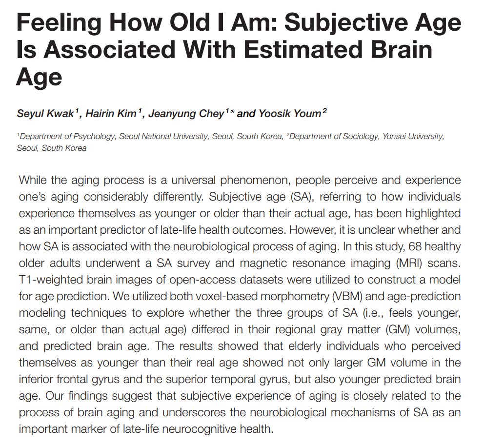 calotonterias's tweet photo. Si te sientes joven, probablemente es porque tu cerebro está joven.

Los adultos mayores que se sienten más jóvenes de lo que indica su edad real muestran mayor volumen de materia gris en áreas clave del cerebro y también una edad cerebral estimada significativamente más joven que su edad cronológica.