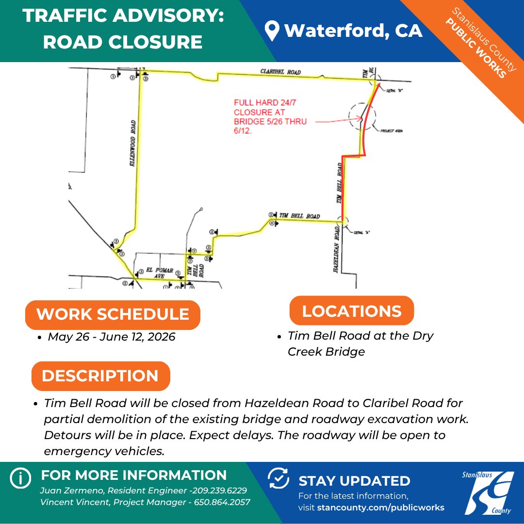 StanCounty's tweet photo. 🚧 TRAFFIC ADVISORY: ROAD CLOSURE 🚧
Tim Bell Road @ the Dry Creek Bridge in Waterford will be fully closed from May 26 - June 12, 2026, for bridge demolition &amp; roadway excavation work.
🚗 Detours will be in place
⏱️ Expect delays
🚑 Emergency vehicles will have access https://t.co/7pvhVurOQq