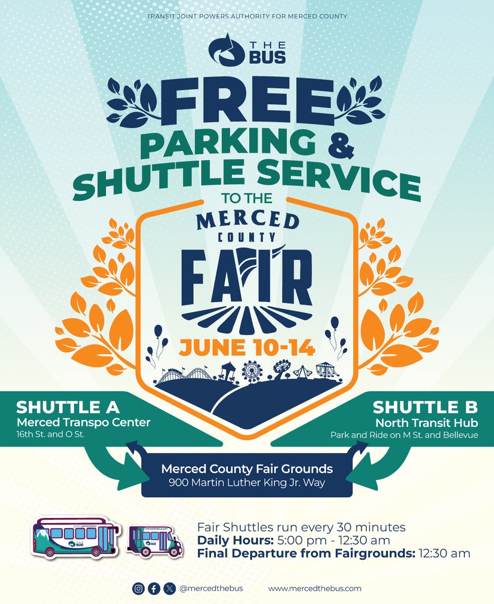 mercedthebus's tweet photo. 🚌🎡 Free Fare to the Fair is BACK! June 10–14 ride The Bus FREE to the Merced County Fair.

🚌 Shuttles: Merced Transpo (16th &amp; O) + North Transit Hub (M &amp; Bellevue)
⏰ 5 PM–12:30 AM (last return 12:30 AM)

🎟️ https://t.co/2JpV8fm9KF | 🎡 https://t.co/S2rVXiFIHm

#RideTheBus https://t.co/DEKTrw4psG