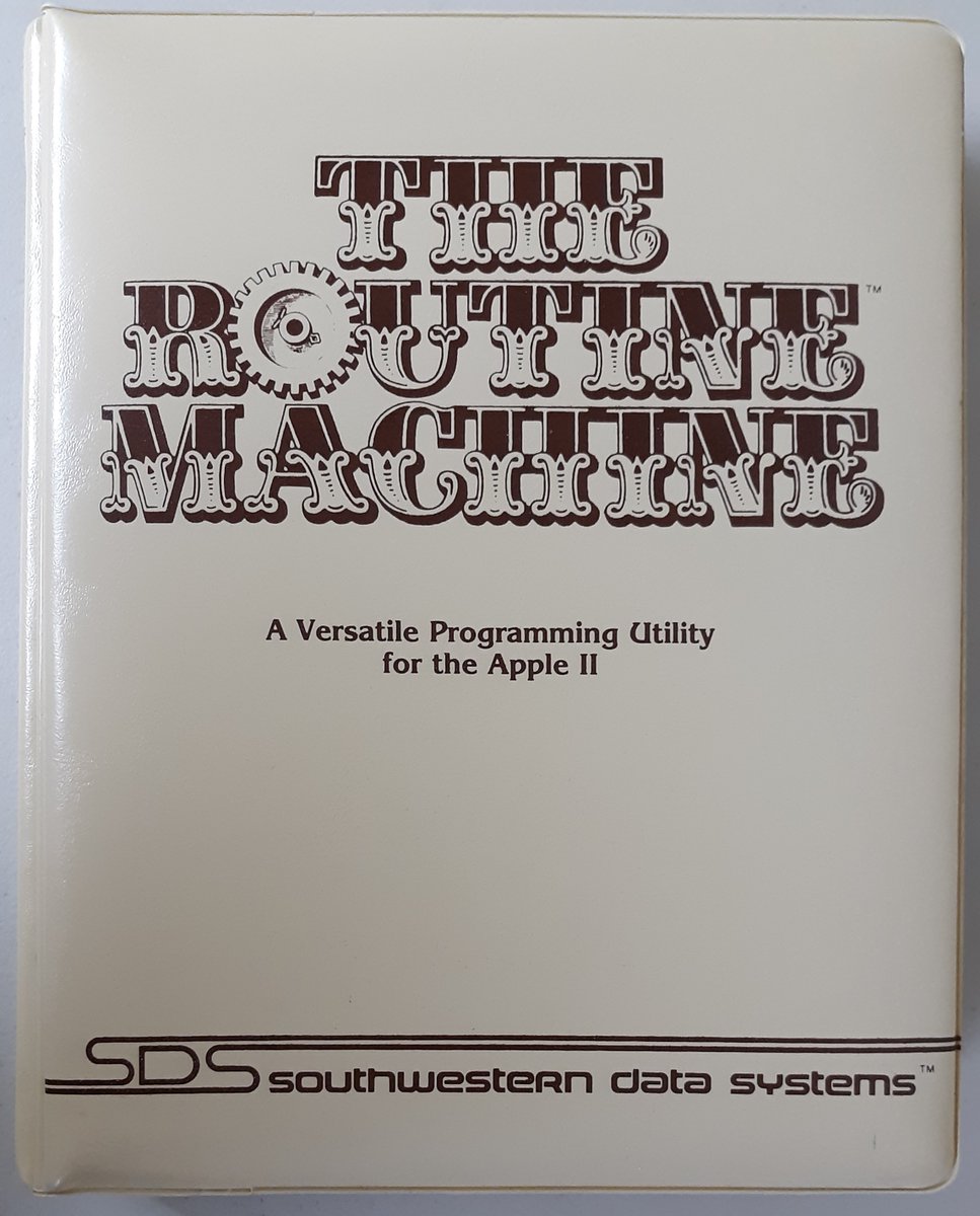 bryron9's tweet photo. "The ROUTINE MACHINE" 1982 by SDS Southwestern Data Systems/Peter Meyer for Apple II. A versatile programming utility that allows you to incorporate machine language subroutines within your Applesoft programs. Combine the speed of machine language with the simplicity of Applesoft https://t.co/K3G4JNQfGc