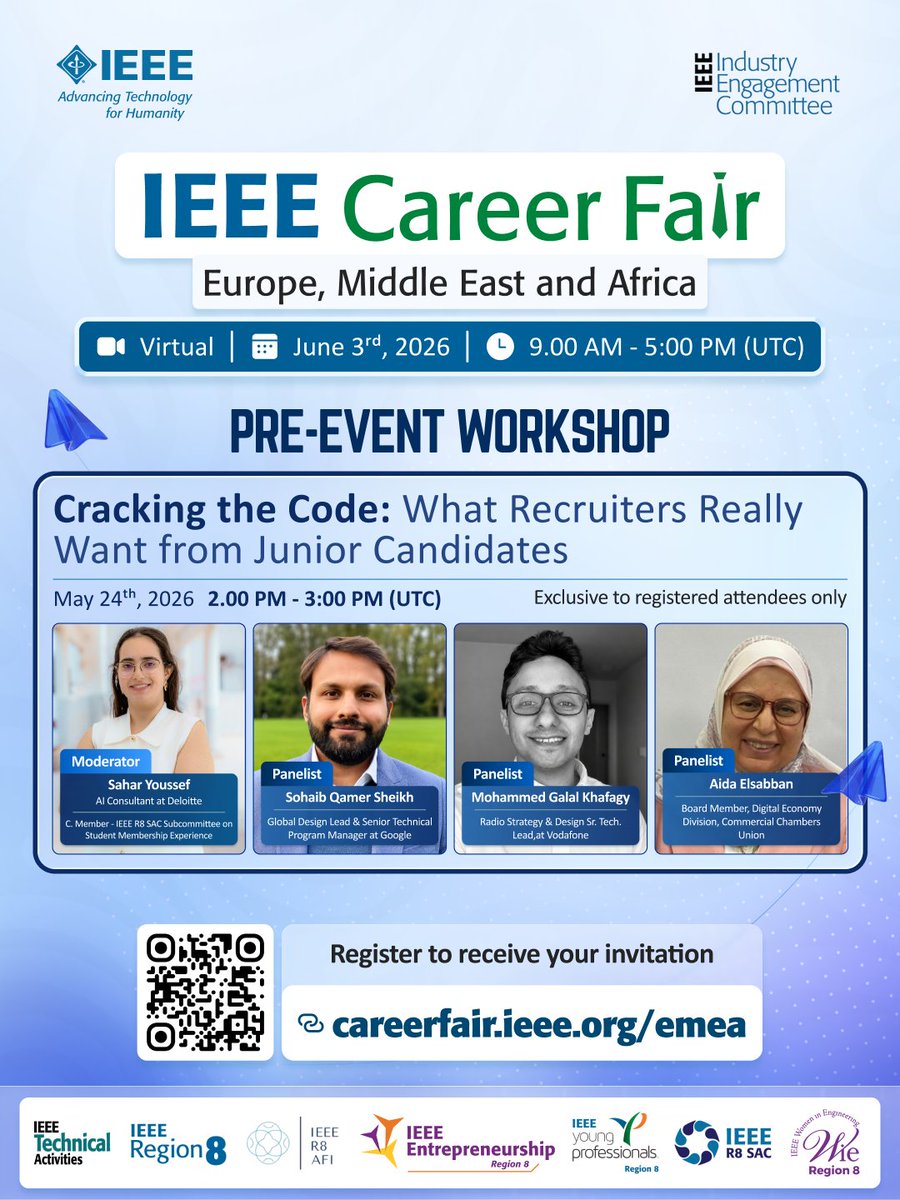 ieee_industry's tweet photo. 🎯 Ever wondered what recruiters are truly looking for? It's time to find out — straight from the people making hiring decisions.  
📷 Cracking the Code: What Recruiters Really Want from Junior Candidates May 24th, 2026 | 2:00 – 3:00 PM UTC.  
Register  → https://t.co/mBRMMkjXqe https://t.co/7kVp9l6fis