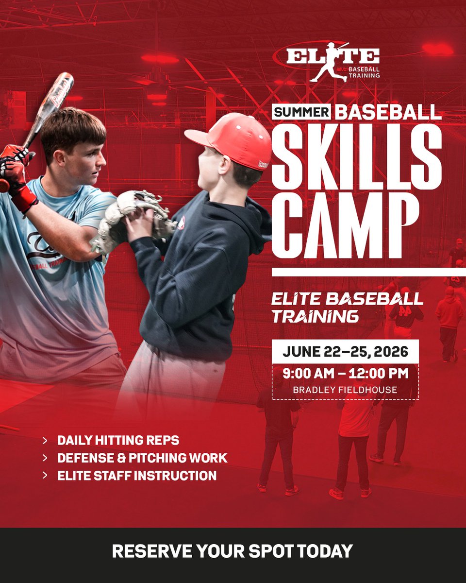 elite_baseball's tweet photo. Summer Baseball Skills Camp is back. June 22-25 at Bradley Fieldhouse, 9 AM-12 PM. Spots fill fast.

https://t.co/dGOvVzAKGu

#EliteBaseball #SummerCamp https://t.co/5LGjmfvyBn