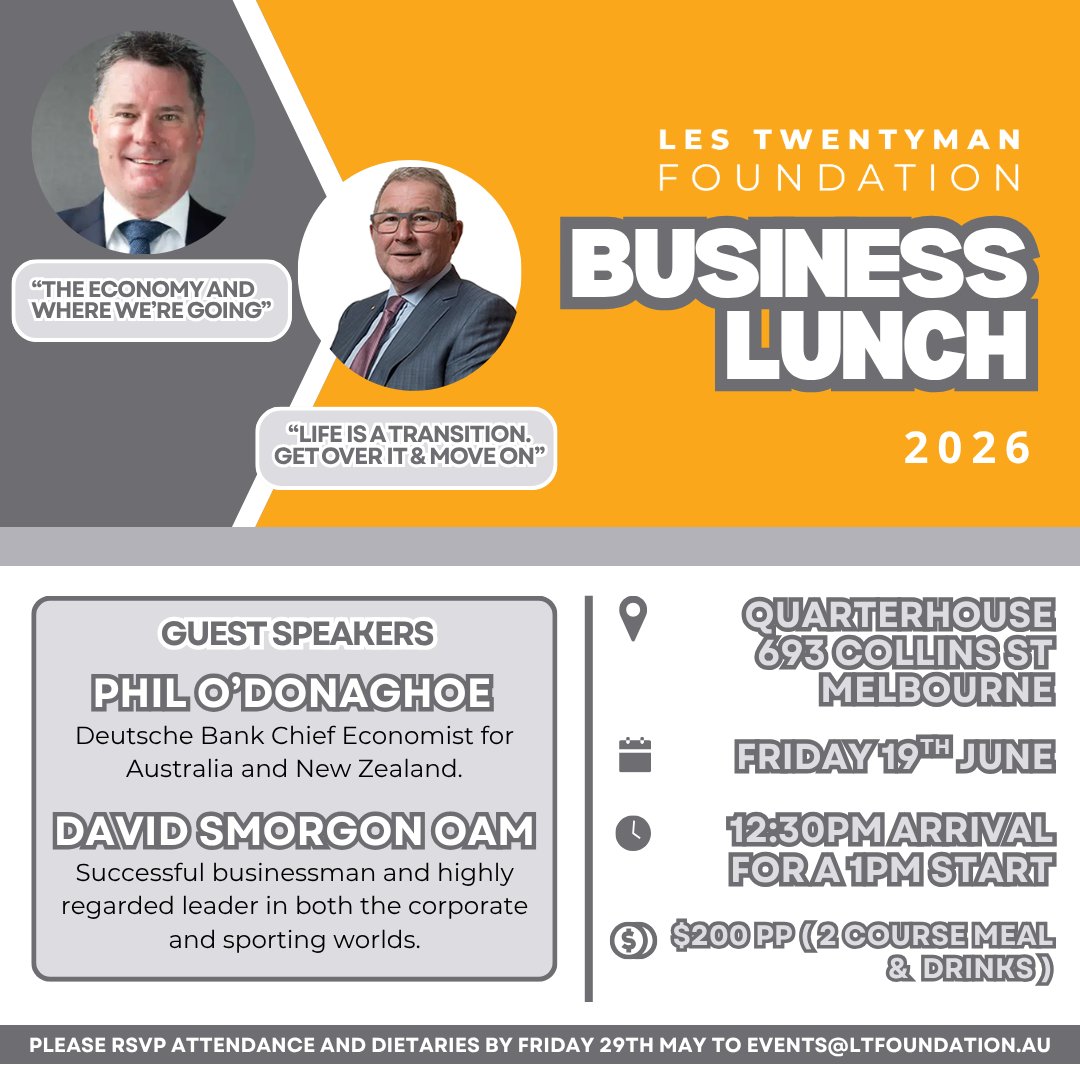 LT_Foundation's tweet photo. Join us for the 2026 Les Twentyman Foundation Business Lunch on Friday, 19 June at Quarterhouse, Melbourne.

 Please RSVP by emailing your full name and dietary requirements by Friday, 29 May to events@ltfoundation.au https://t.co/aAyHswNHr9