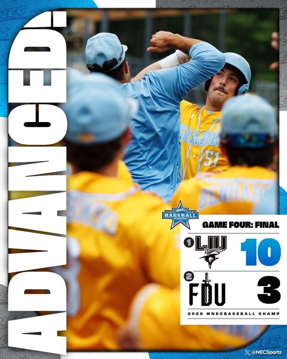 necbaseball's tweet photo. 🦈THE SHARKS ADVANCE!

@LIU_Baseball is heading back to the championship round for the third consecutive season after a 10-3 victory over FDU‼️

#NECBaseball⚾️ x #NECchamps🏆 x @FDUKnights https://t.co/f1zwHdsU3e