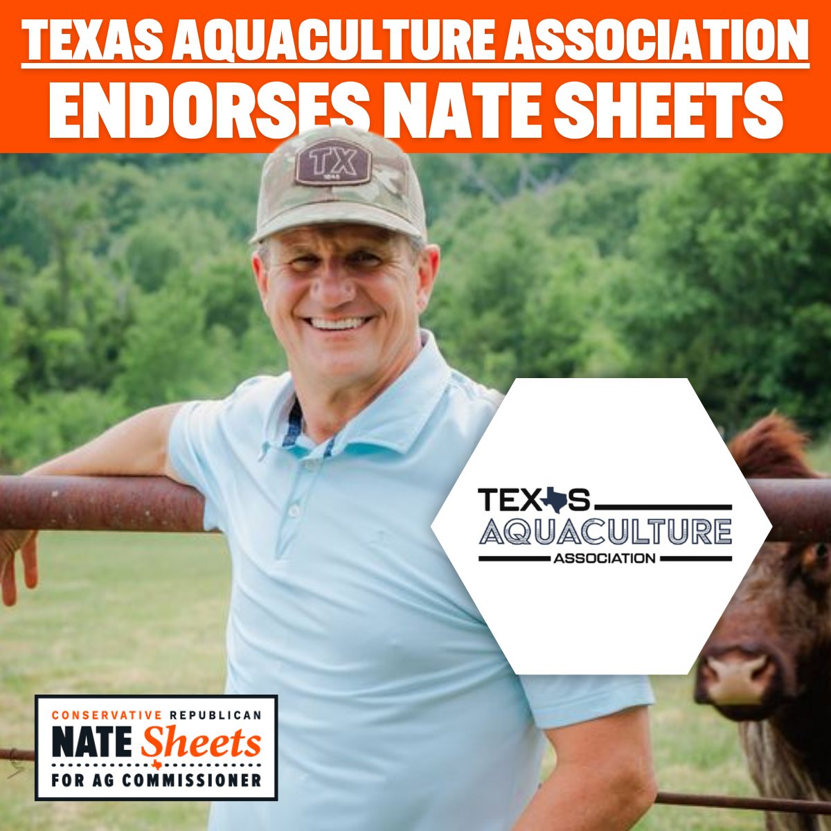 natesheetsforTX's tweet photo. I’m honored to have the support of the @TXAquaculture  Association and their mission to strengthen sustainable aquaculture across our state. As Agriculture Commissioner, I’ll work to support Texas producers, expand opportunities for growth, and keep our food supply strong and local.