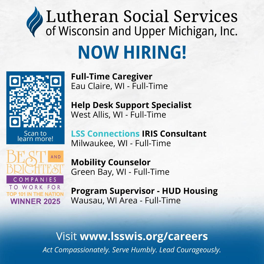 LSSWis's tweet photo. LSS is #hiring!

Choose a passion, not a job.

Here are five NEW openings that may be the perfect next step in your career:

Learn more about #LSS career opportunities: https://t.co/oXKVANGw54

#socialservices #mentalhealth #Wisconsin #jobs https://t.co/l0XoInygVx