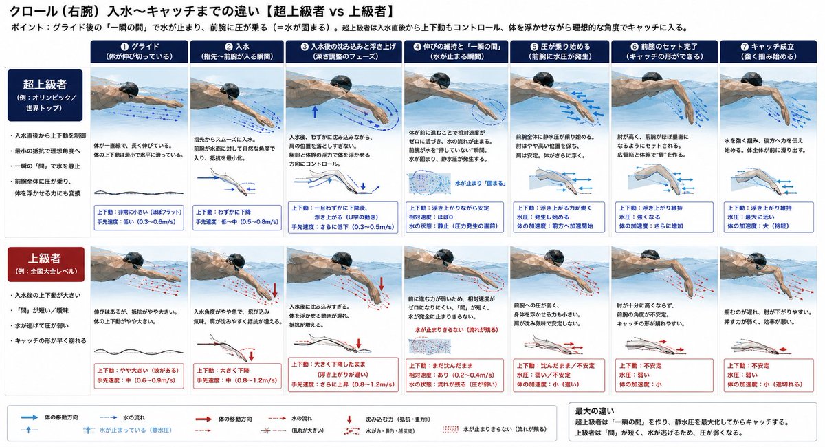 RasetsuSwimmer's tweet photo. 超上級者と、上級者のキャッチの違いの図
③入水後の沈み込み と浮き上げ
なんか ここら辺が見よう見まねじゃできないような大きな部分なんじゃないかなと思っています。

引用
イメージとして自動的に作られたので誰かの研究結果ではありません https://t.co/MM6hw4lWZX
