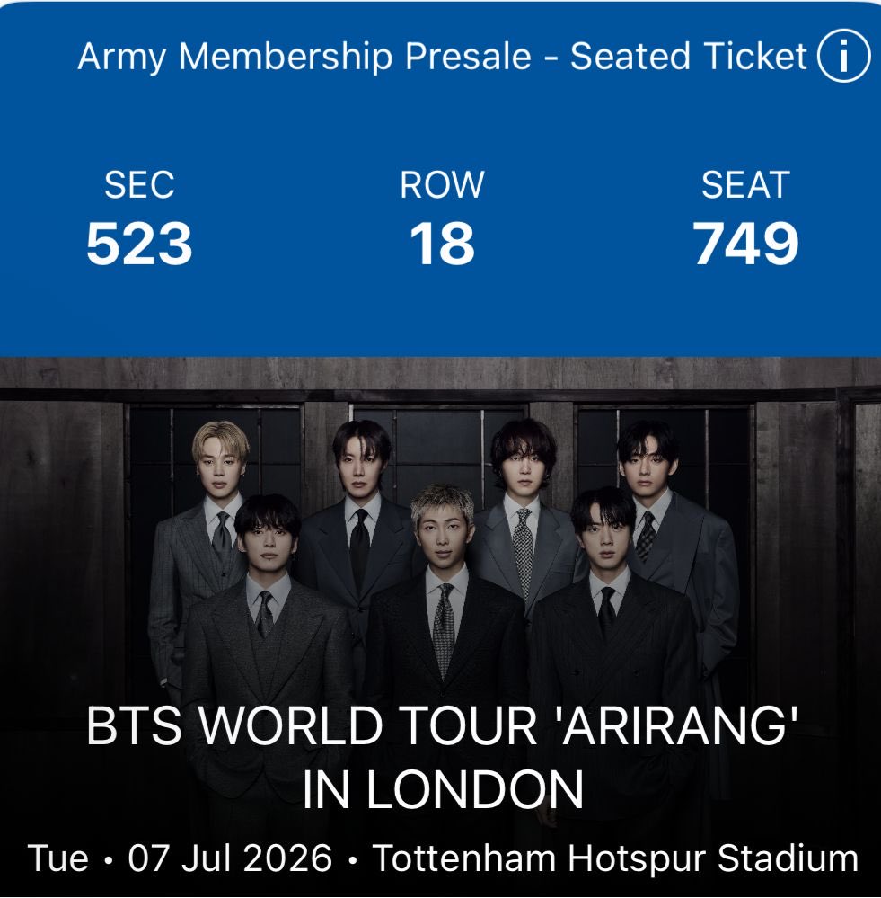 fairyanfei's tweet photo. Selling 2 BTS “Arirang Tour” London Day 2 tickets! 💜  07/07/2026
Seats are 523/18/748-749 and I can provide proof if needed. £475 for both but open to offers. Message me if interested or for more details — serious buyers only please!
#BTS_ARİRANG #bts_worldtour_arirang_cdmx https://t.co/7XMZj0DJ6b