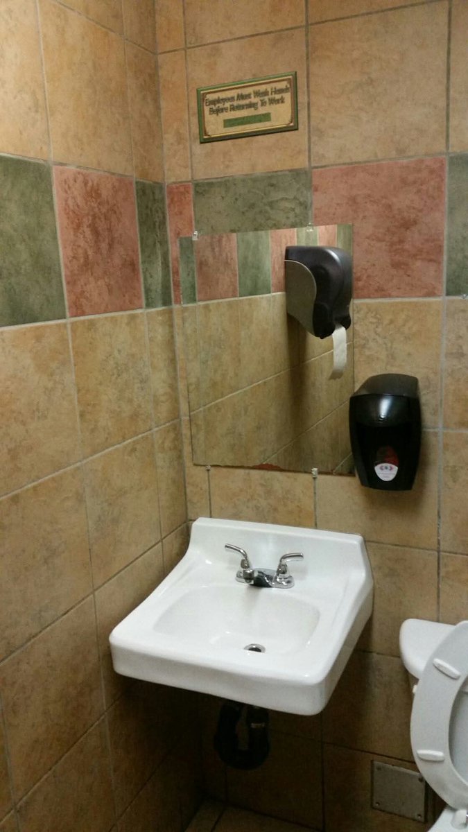 paddyc79's tweet photo. @adamcarolla an old sign from Subway that tells employees to wash hands, but is placed above the mirror. The best part is that it has braille. https://t.co/06wosxdqLh