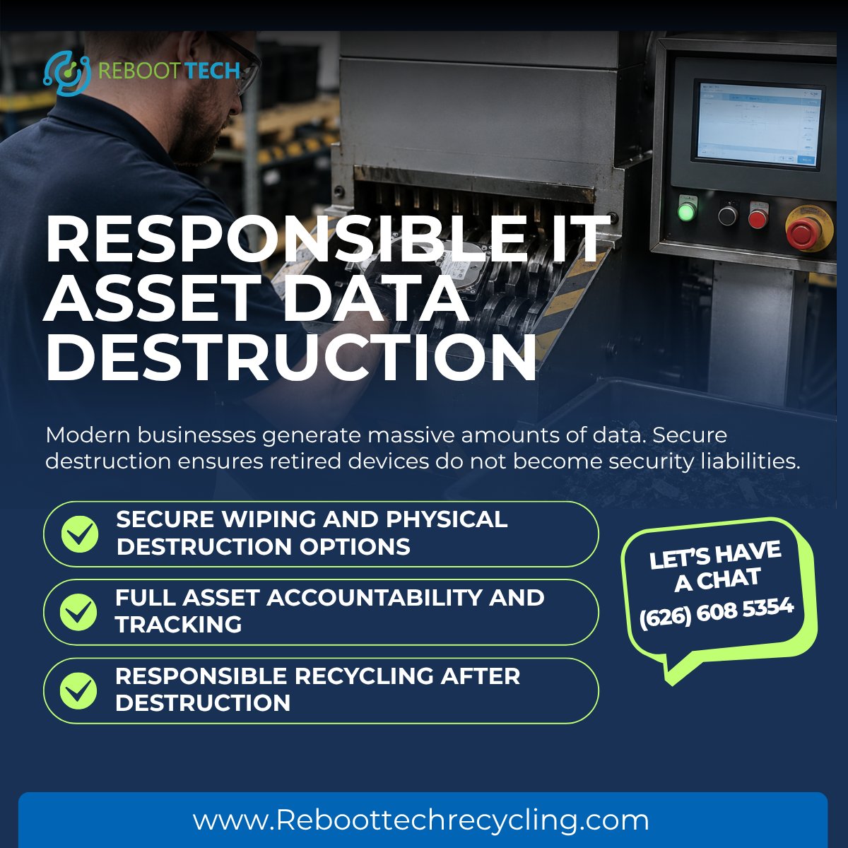RebootTechLLC's tweet photo. Responsible IT Asset Data Destruction

Retired devices pose risks. Secure, compliant destruction protects data and ensures responsible recycling.

https://t.co/Kiocuh3jFs
#DataProtection #DataDestruction #CyberSecurity https://t.co/pl1eht0Dzz